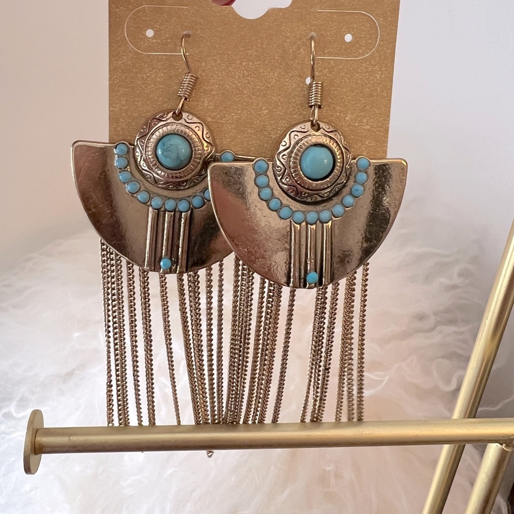 Aztec style silver tone and turquoise enamel earrings